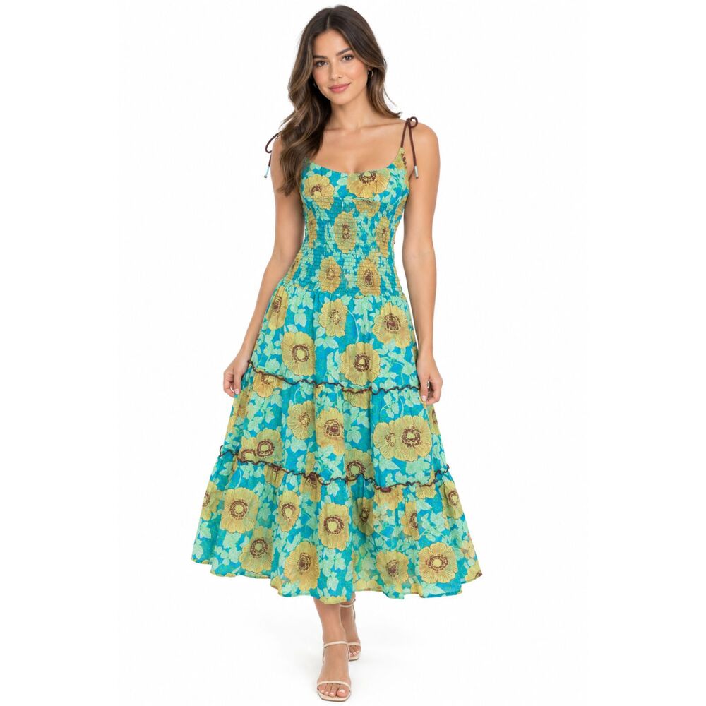 Free People Green Floral Tiered Midi Dress - 100% Cotton Made in India XL